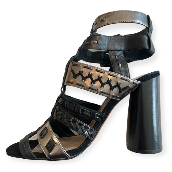 Donald J. Pliner Bindy Black Metallic Strapy Woven Gladiator Heeled Sandals - Picture 4 of 16